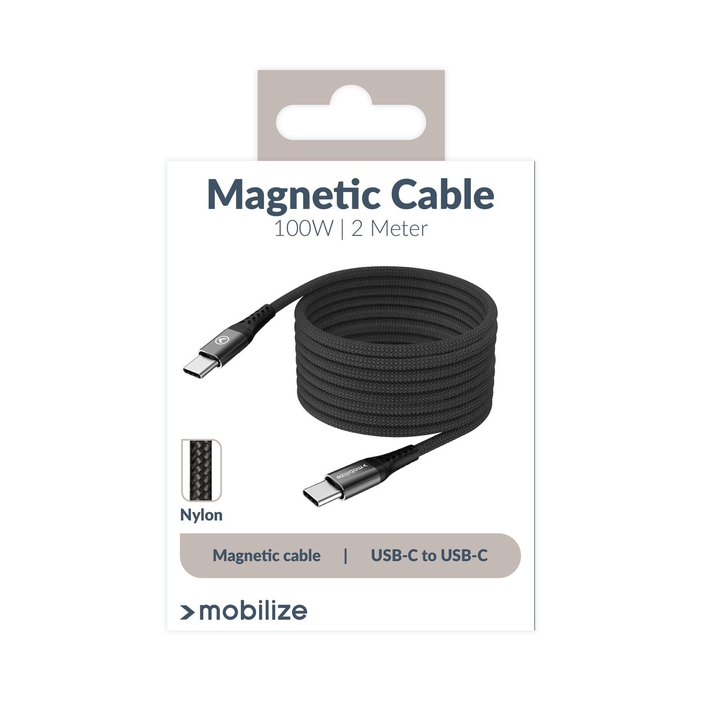 Mobilize Magnetic Nylon Cable - Usb-C To Usb-C - 2M. - 100W Black