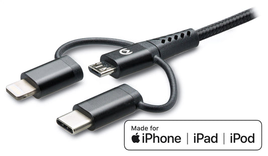 Mobilize Strong Nylon Cable 3In1 Usb To Micro Usb, Usb-C, Apple Mfi Lightning 1.5M Black