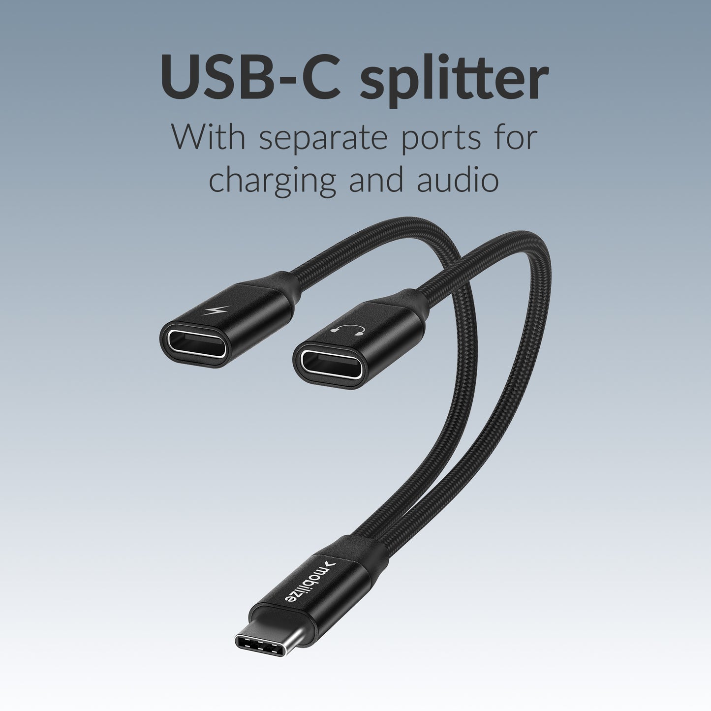 Mobilize Strong Nylon Usb-C Splitter For Audio And Charging 15Cm Black