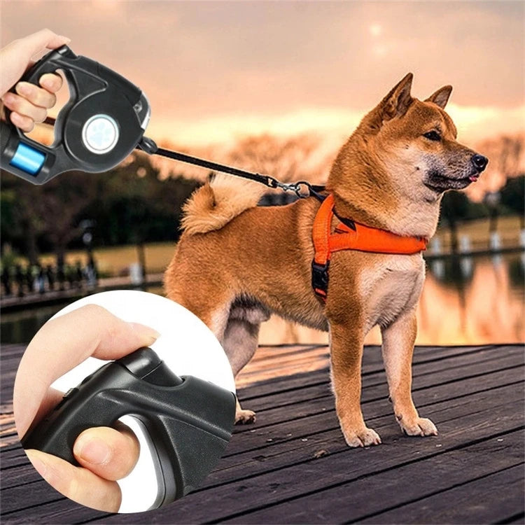 UrbanPet Flexibelt hundkoppel med LED-ljus, 4,5 m och hållare för avfallspåsar